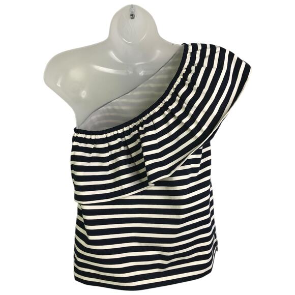 J.Crew One Shoulder Asymetric Top Wmns Size XS Navy Blue Stripe Ruffle Classic - Picture 7 of 9